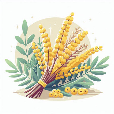 Bouquet of yellow mimosa flowers and green leaves. Vector illustrationのイラスト素材