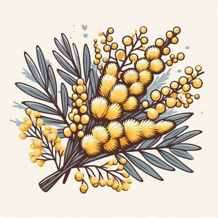 Mimosa branch with yellow flowers. Hand drawn vector illustration.のイラスト素材