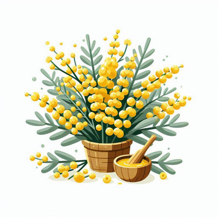 Bouquet of yellow mimosa flowers in a basket. Vector illustration.のイラスト素材