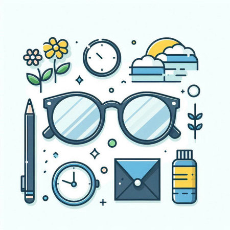 Modern flat line style vector illustration of glasses, clock, pencil, plant and other items.のイラスト素材