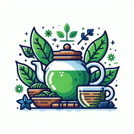 Green tea flat line icon. Vector illustration of a teapot with a cup of tea.のイラスト素材