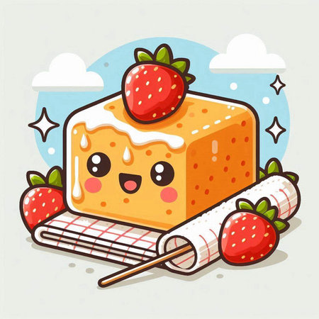 Strawberry cake cartoon vector illustration. Cute kawaii character.のイラスト素材