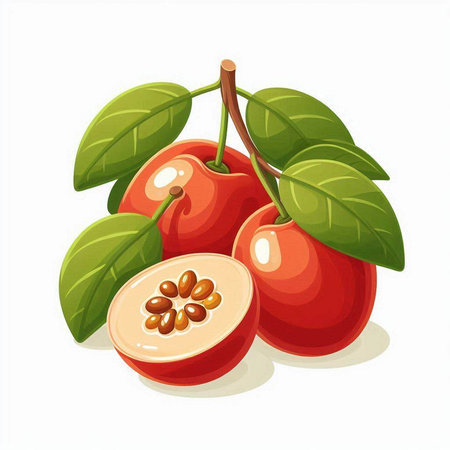 Cherry fruit with leaves isolated on white background. Vector illustration.のイラスト素材