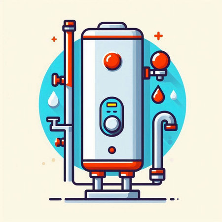 Vector illustration of boiler with water drops. Flat line style design.のイラスト素材
