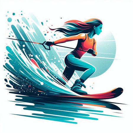 Girl skier on the background of the sea. Vector illustration.のイラスト素材