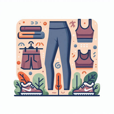 Vector illustration of sportswear icon in flat style. Sneakers, pants, t-shirt, sweater, towel.のイラスト素材