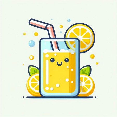 Cute cartoon orange juice in a glass with a straw. Vector illustration.のイラスト素材