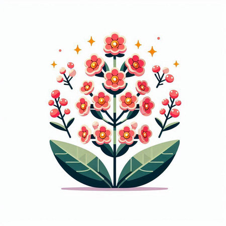 Flower with leaves and stars isolated on white background. Vector illustration.のイラスト素材