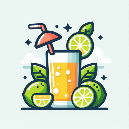 Cocktail with lime and straw. Vector illustration in flat styleのイラスト素材