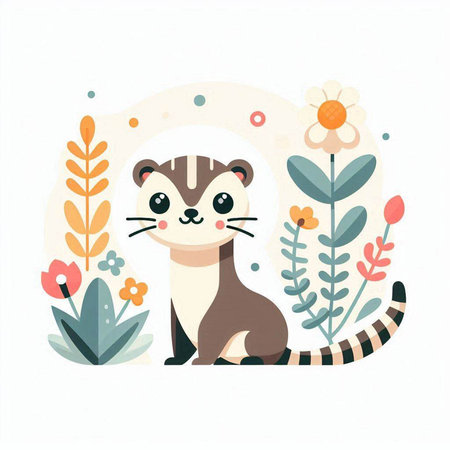 Cute ferret with flowers and plants. Hand drawn vector illustration.のイラスト素材