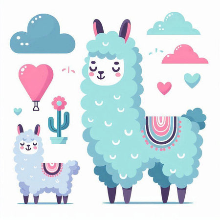 Cute llama and alpaca in cartoon style. Vector illustration.のイラスト素材
