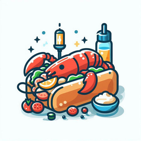 Lobster sandwich with vegetables and sauce. Vector illustration in cartoon style.のイラスト素材