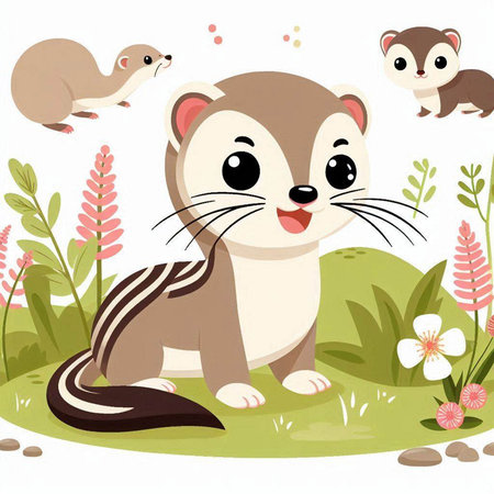 Cute ferret in the garden. Vector illustration of a wild animal.のイラスト素材