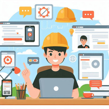 Engineer working on laptop. Flat design vector illustration concept for web banners and printed materials.のイラスト素材