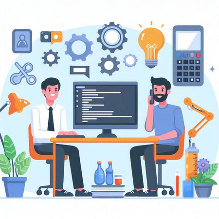 Programmer and developer working with computer. Vector illustration in flat styleのイラスト素材