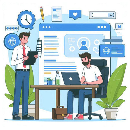 Businessman working on laptop in office. Vector illustration in flat styleのイラスト素材