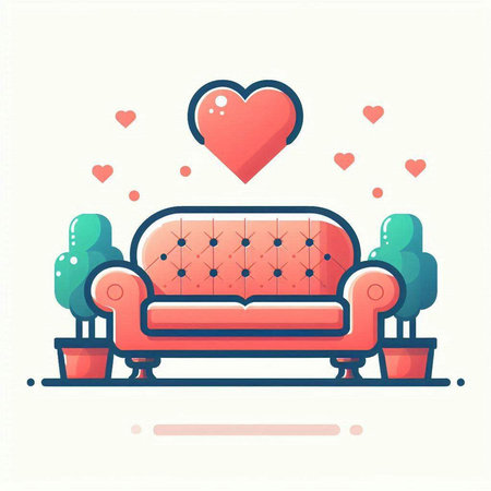 Sofa with hearts and cacti. Vector illustration.のイラスト素材