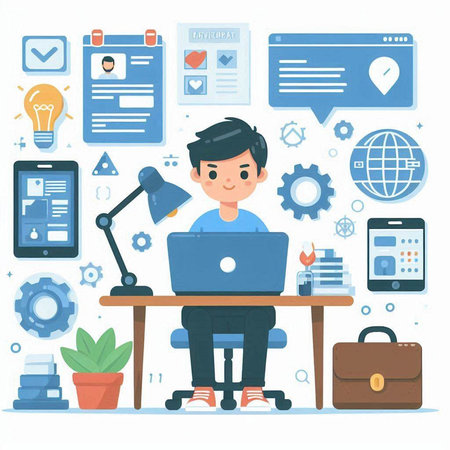 Young man working on laptop in office. Vector illustration in flat styleのイラスト素材