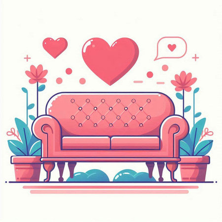 Sofa with heart and flowers. Vector illustration in cartoon styleのイラスト素材