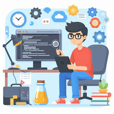 Programmer working at the computer. Programmer and programmer. Vector illustrationのイラスト素材