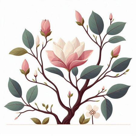 Magnolia tree with flowers and leaves isolated on white background. Vector illustration.のイラスト素材