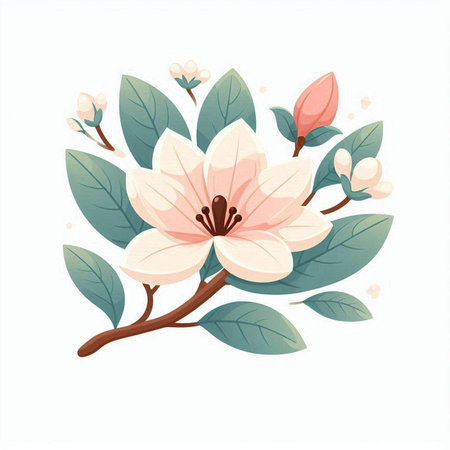 Magnolia flowers and leaves. Vector illustration isolated on white background.のイラスト素材