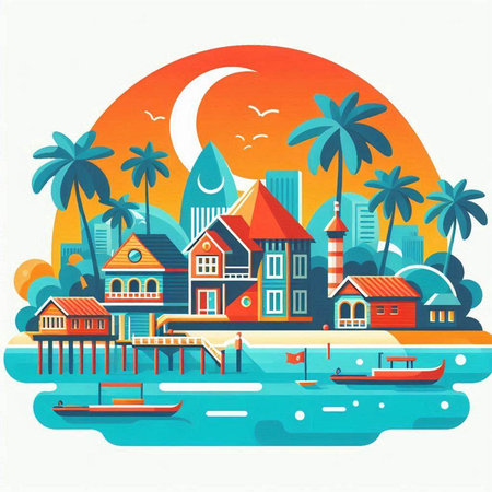 Tropical island with houses, palm trees and boats. Vector illustration.のイラスト素材