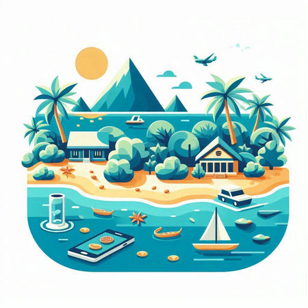 Vector illustration of tropical island with palm trees, boats, sand and sea.のイラスト素材