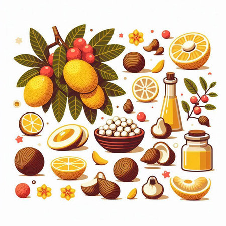 Set of citrus fruits and honey. Vector illustration in cartoon style.のイラスト素材