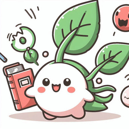 Illustration of a Cute Cartoon Monster Reading a Book with Green Leavesのイラスト素材