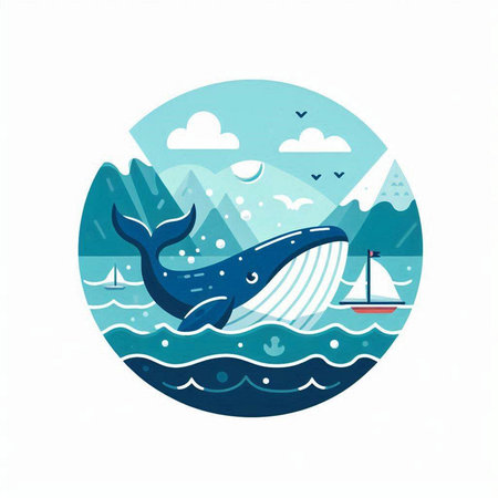 Vector illustration of a whale in the sea. Flat style design.のイラスト素材