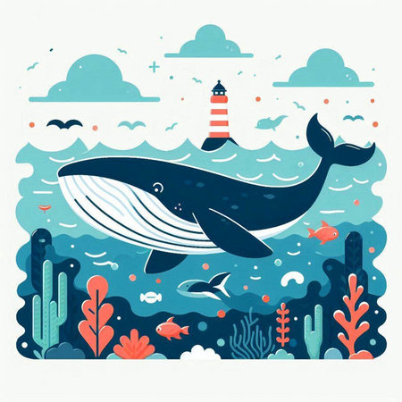 Vector illustration of a whale swimming in the sea with a lighthouse.のイラスト素材