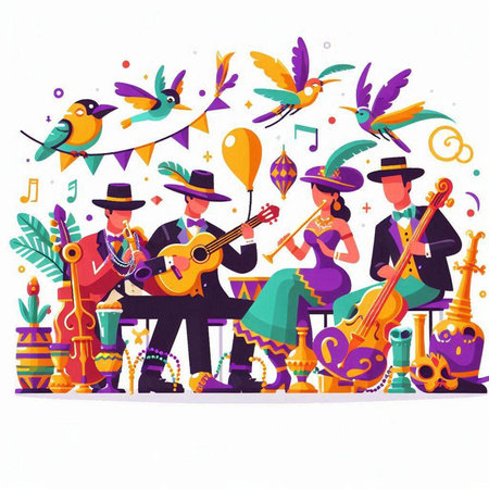 Cinco de Mayo celebration flat color vector illustration. Group of musicians playing musical instruments, flamencocas and sombrero isolated cartoon characters on white backgroundのイラスト素材