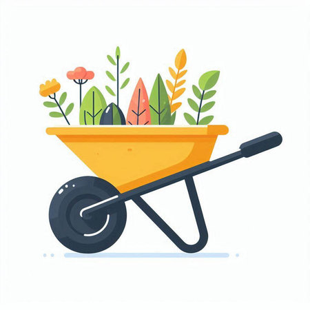 Garden wheelbarrow with plants. Flat style vector illustration.のイラスト素材