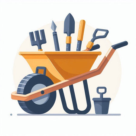 Gardening tools. Wheelbarrow, rake, shovel, trowel, wheelbarrow. Vector illustration in flat styleのイラスト素材