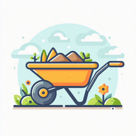 Wheelbarrow with soil and flowers. Flat style vector illustration.のイラスト素材