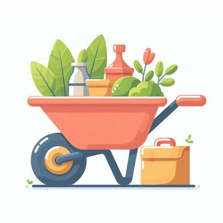 Wheelbarrow full of food and products. Flat vector illustration.のイラスト素材