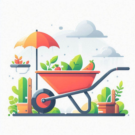 Gardening vector illustration. Wheelbarrow full of fresh vegetables and fruits.のイラスト素材