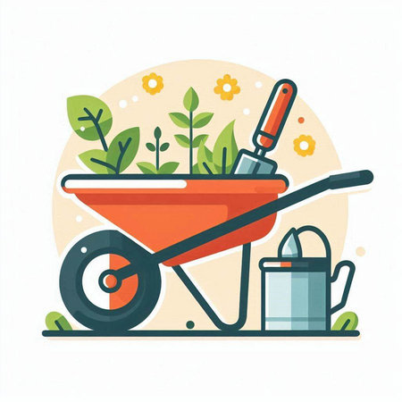 Gardening flat vector illustration. Garden tools, wheelbarrow and watering can.のイラスト素材