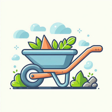Garden wheelbarrow with leaves. Flat style vector illustration.のイラスト素材