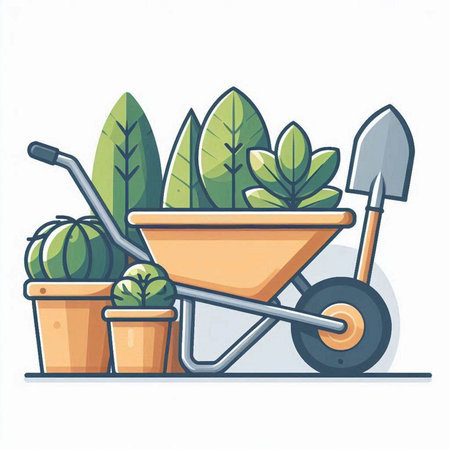 Wheelbarrow with cactuses and succulents. Vector illustration.のイラスト素材