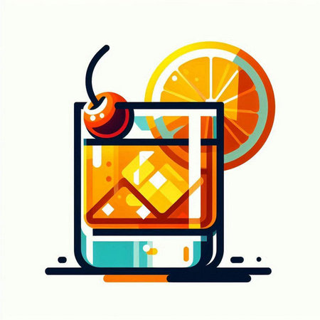 Cocktail with orange, cherry and ice cubes. Vector illustration.のイラスト素材