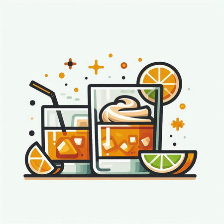 Cocktail vector illustration in flat design style. Orange, lime, ice cubes and straw.のイラスト素材