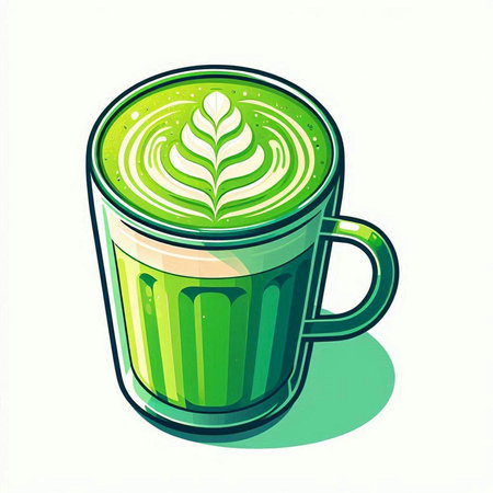 Green matcha latte with latte art. Vector illustration.のイラスト素材