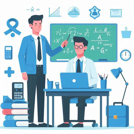 Vector illustration of a teacher and a student in the classroom. A man in a suit and glasses.のイラスト素材