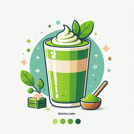 Matcha green tea with whipped cream and mint leaves. Hand drawn vector illustration.のイラスト素材