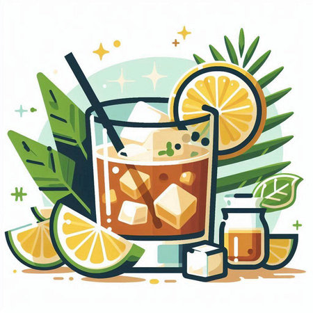Cocktail with ice cubes, lemon and mint leaves. Vector illustration.のイラスト素材