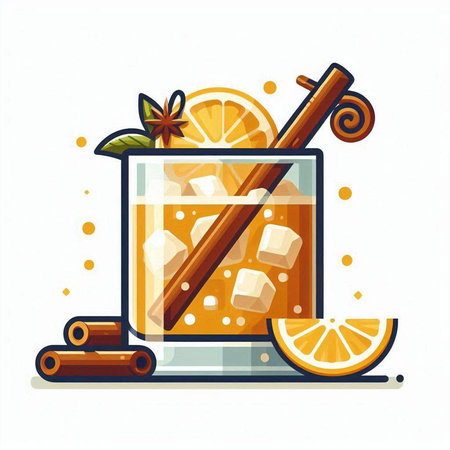 Cocktail with orange, cinnamon and ice. Vector illustration.のイラスト素材