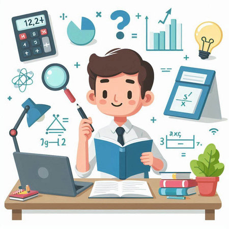 Man studying at the desk. Education concept. Vector illustration in cartoon style.のイラスト素材