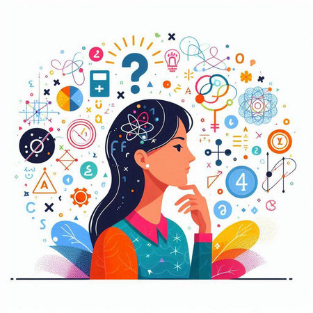 Vector illustration of a young woman with a lot of icons around her headのイラスト素材